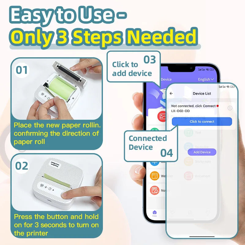 Mini Bluetooth Thermal Printer – 4 Sticker Rolls + 1 Paper | Inkless & Portable