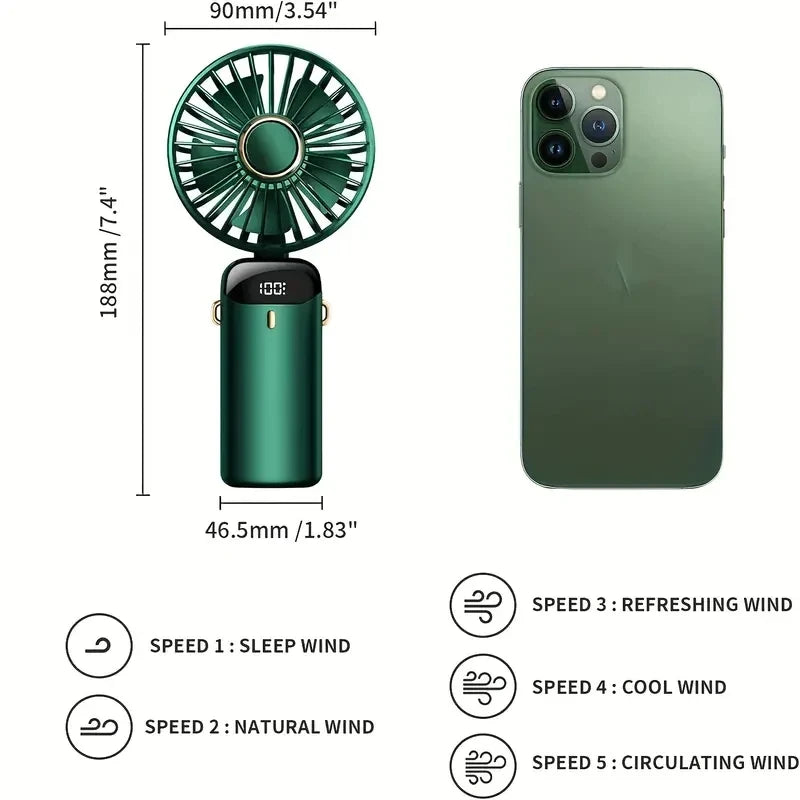Portable Rechargeable Mini Fan with LED Display – 5-Speed Adjustable & 90° Foldable