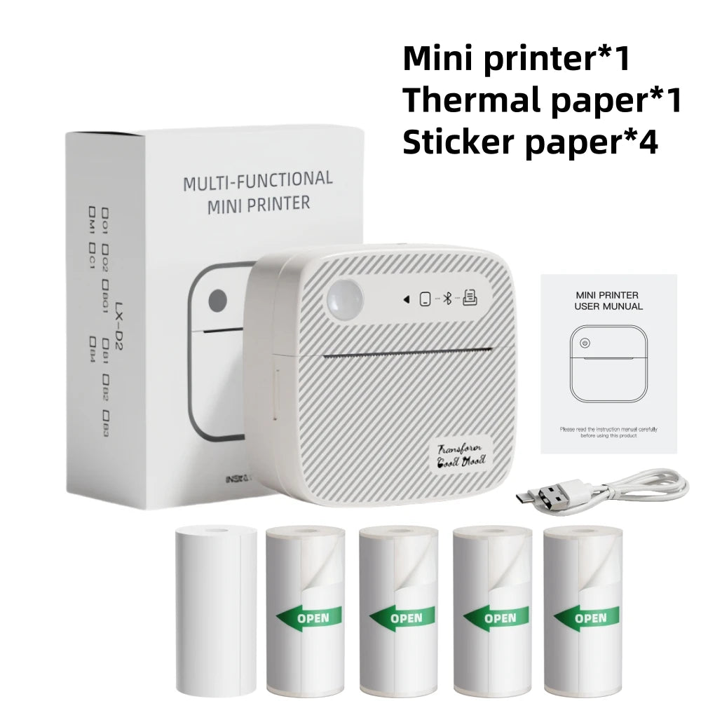 Mini Bluetooth Thermal Printer – 4 Sticker Rolls + 1 Paper | Inkless & Portable